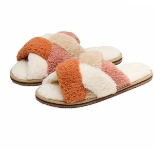 Cozy Fuzzy Cross-Band Slippers - Cream, Blush & Burnt Orange